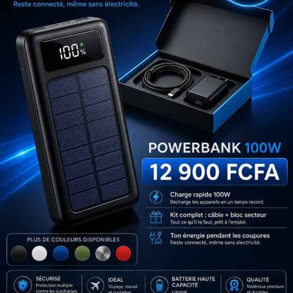 Powerbank Solaire Ultra-Rapide 100W avec Écran Pointe-Noire FCFA