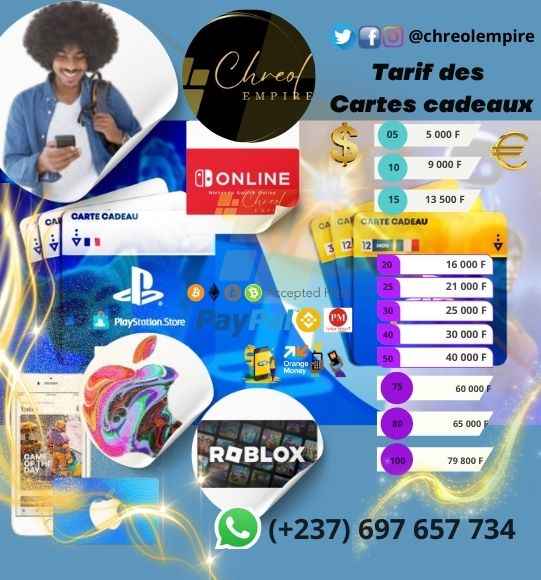 Carte cadeau Itunes PSN ROblox Brazzaville FCFA
